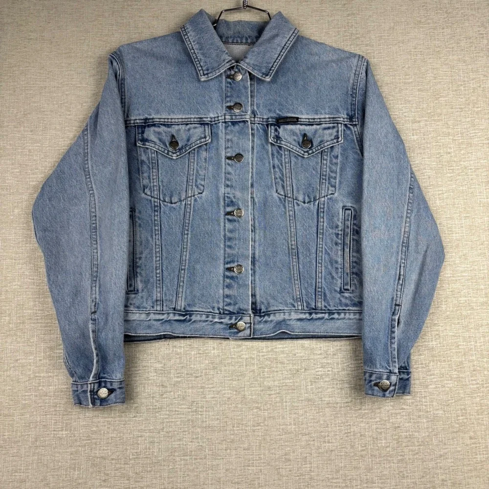 Harley-Davidson Denim Trucker Jacket Light Wash Blue Bar & Shield Logo Small